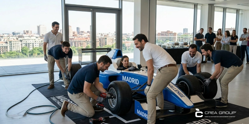 Empleados corporativos compitiendo en un desafío de pit stop de Fórmula 1 para mejorar el trabajo en equipo.