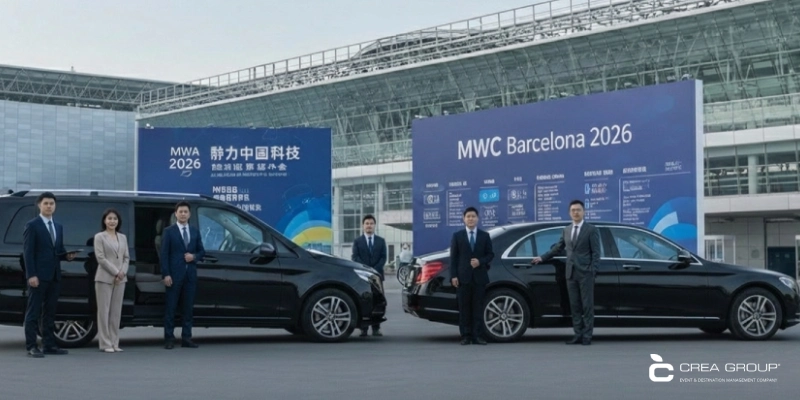 mwc-barcelona-2026-crea-group-vip-transport-team-mercedes CREA集团团队携梅赛德斯豪华车辆亮相2026年巴塞罗那MWC大会入口,提供高端活动交通及管理服务