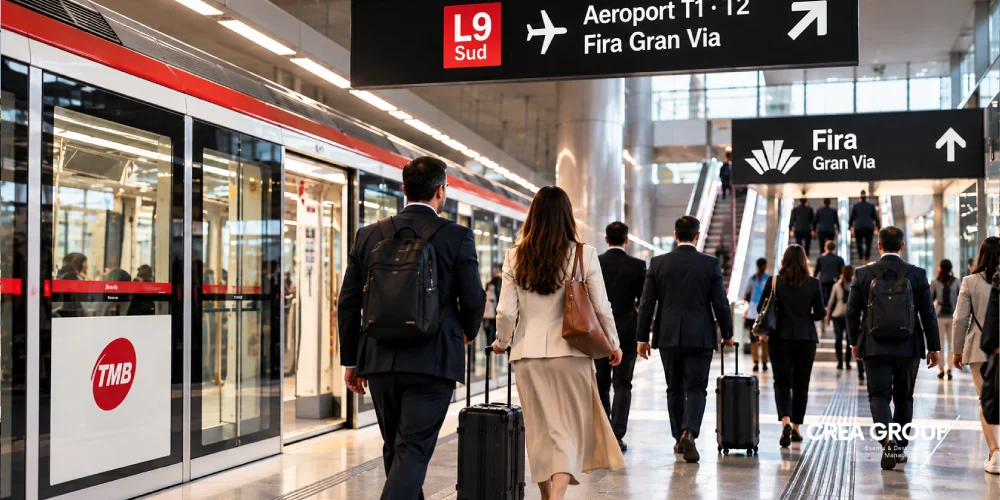 Direct L9 Sud metro connection between the airport and Fira Barcelona for ICE 2027. ICE 2027 attendees taking the L9 Sud metro line from Barcelona Airport to Fira Gran Via.