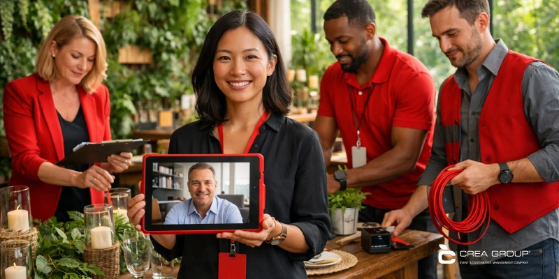 Équipe professionnelle de production d'événements en tenue business élégante lors d'une configuration calme dans un lieu haut de gamme, configurant méticuleusement des éléments personnalisés incluant un grand écran digital avec agenda personnalisé, des tablettes d'inscription avec préférences des participants et une signalisation pour un salon de networking matched par IA, en mettant l'accent sur la précision et le soin client dans la personnalisation d'événements MICE pour dirigeants par CREA Group Events.