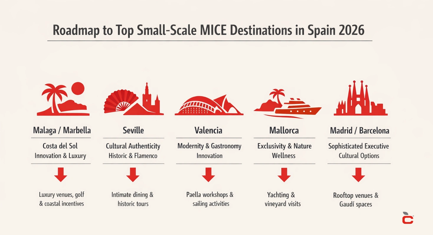 roadmap-meilleures-destinations-mice-petite-echelle-espagne-2026 Infographie roadmap illustrant les meilleures destinations MICE à petite échelle émergentes en Espagne pour 2026, incluant Malaga, Marbella et Costa del Sol, Séville, Valence, Mallorca, et des options sophistiquées à Madrid et Barcelone, avec des forces clés telles que l'innovation et le luxe, l'authenticité culturelle, la modernité et la gastronomie, l'exclusivité, la nature et le wellness, conçue par CREA Group Events