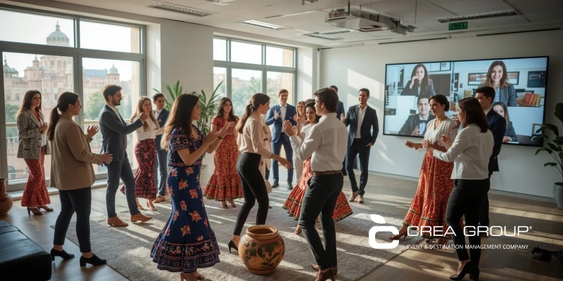 Taller de Team Building de Flamenco en Sevilla para Incentivos de CREA Group Taller atractivo de team building de flamenco en Sevilla para CREA Group, con profesionales internacionales en actividades culturales con tecnología híbrida para incentivos corporativos, conferencias y eventos MICE en Andalucía, España.