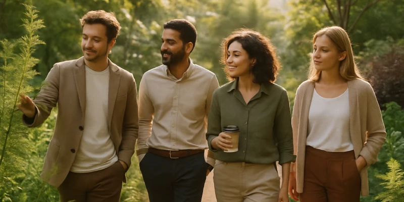Jóvenes profesionales disfrutando un coffee break al aire libre en un jardín exuberante, representando tendencias MICE 2026 en bleisure, bienestar y team bonding.