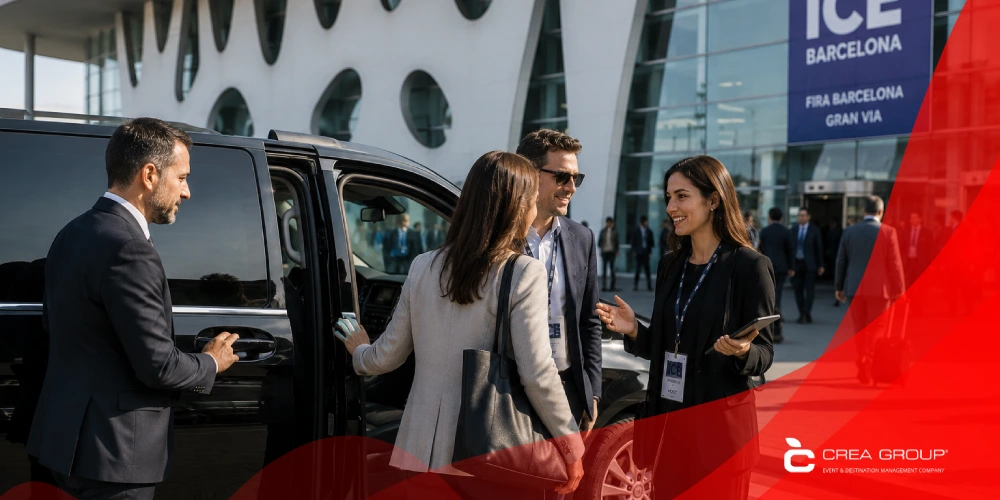 A professional team welcomes attendees to an event in Barcelona with a chauffeured black van. The background shows the ICE Barcelona Fira Barcelona Gran Via sign