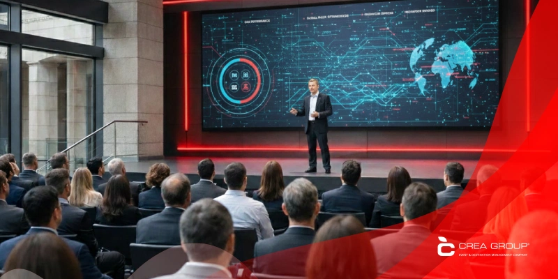 Speaker presenting on large LED screen with digital world map during corporate conference in modern auditorium, 2026 hybrid event trends