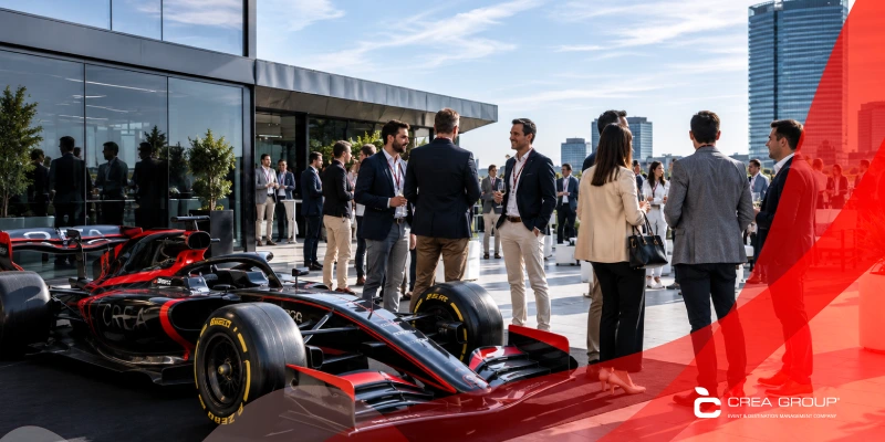 A professional team building exclusive corporate event with a Formula 1 race car display.