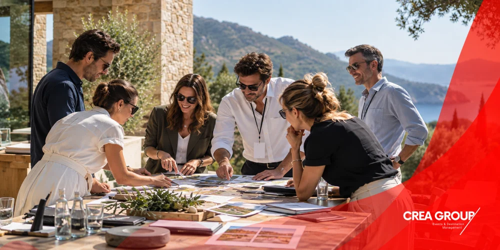 Equip corporatiu en una sessió de treball a l'aire lliure en una terrassa amb vistes al mar.