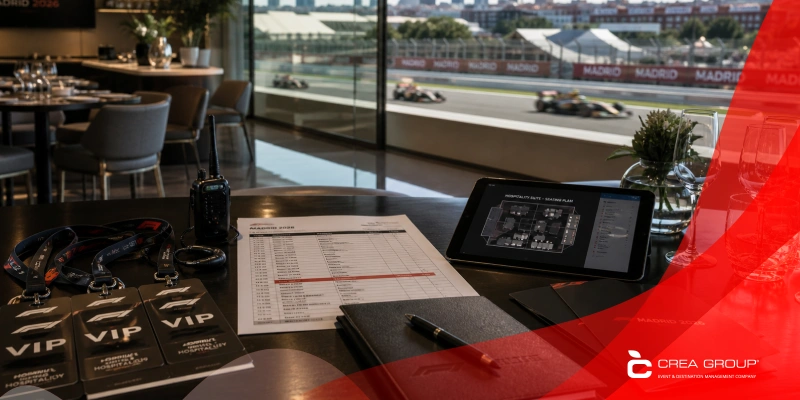 Close-up of a corporate event planning table for the Madrid Grand Prix 2026 featuring VIP F1 passes, a seating plan on a tablet, and a view of the circuit.