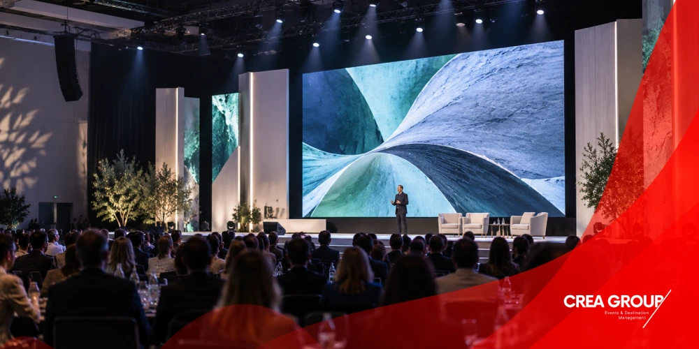 Speaker presenting on a modern stage with a large LED screen during a corporate conference.