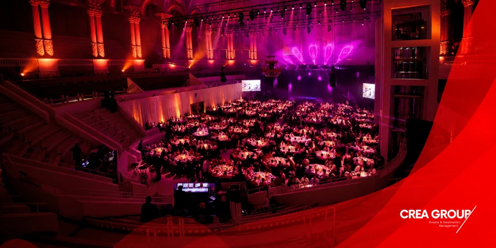 Overview of a large venue setup for a MWC Barcelona 2027 corporate side event and gala dinner.