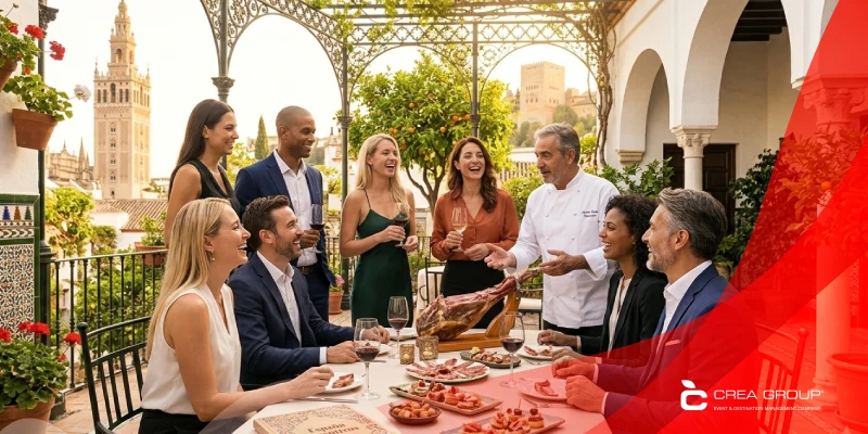 A diverse corporate group enjoying a traditional Spanish incentive trip on a luxury Andalusian patio, featuring a professional ham carver, gourmet tapas, and iconic historic architecture under a warm sunset sky.