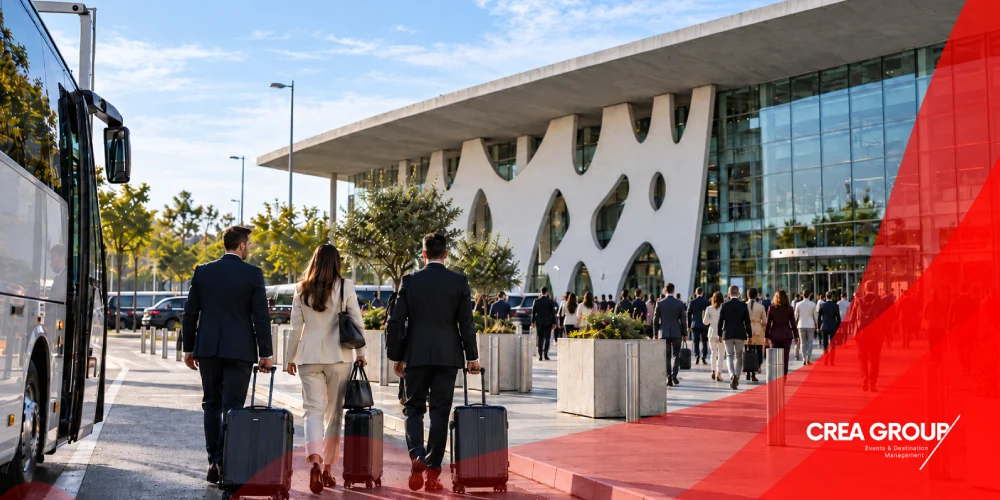 Assistents arribant amb maletes a Fira Gran Via a Barcelona per a serveis de gestió d'esdeveniments corporatius a ICE 2027 amb CREA Group.