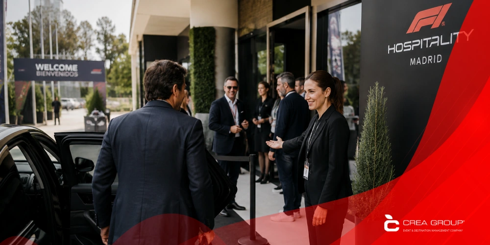 VIP guests arriving at a Formula 1 corporate hospitality event in Madrid with executive transfers, event staff and premium hospitality entrance experience
