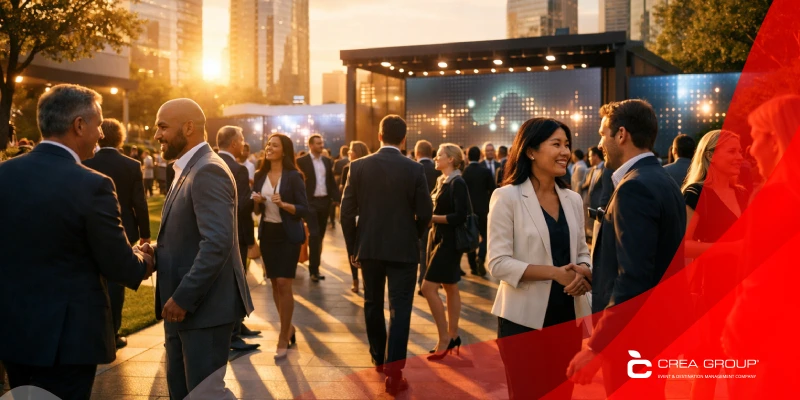 Corporate professionals networking at sunset outdoor event in city plaza with digital screens and green areas, highlighting 2026 trends in engagement and immersion.