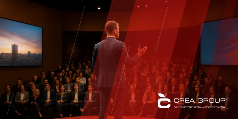 International corporate team arriving at a modern business venue in Madrid, Spain, representing destination management company services for corporate events, meetings, and incentives organized by CREA Group.