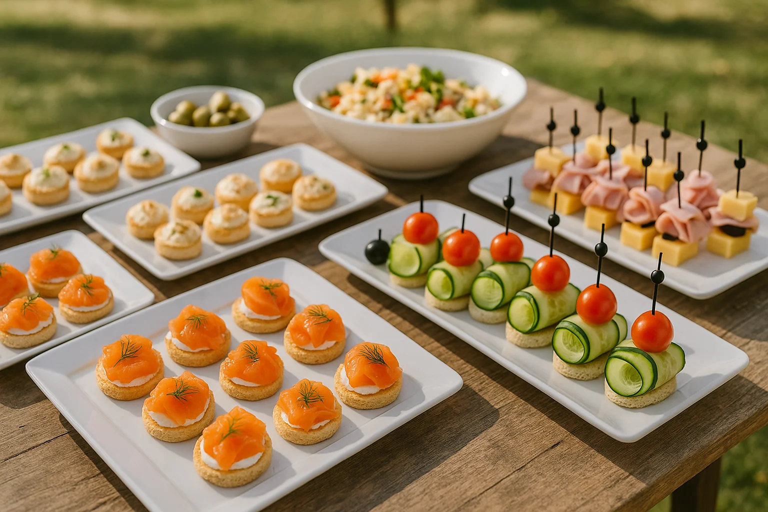 Aperitivos fríos para eventos al aire libre con canapés de salmón, brochetas de queso y verduras, servidos en mesa elegante.