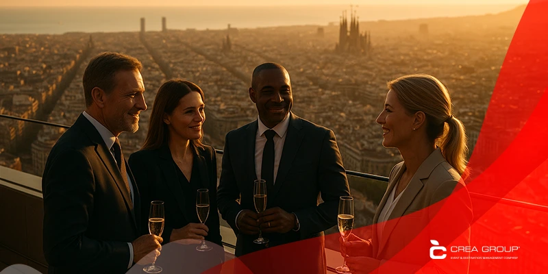 Panoramic view of a modern corporate event in Barcelona at sunset, with clean stage, LED screen, minimalist lighting, and city skyline