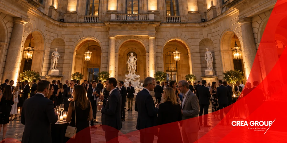 Assistents gaudint del còctel de benvinguda d'ICE 2027 organitzat per CREA Group en un pati renaixentista històric il·luminat de nit.